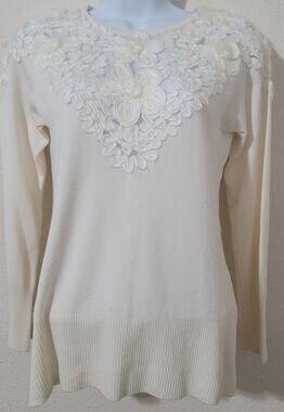 Laseine Cream Soft Stitched Flowers On Bodice Sweater Small Long Sleeve Delicate